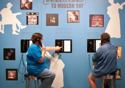 Two adults sit in front of telephone-style interactives set into the wall, titled "Connections to the Modern Day".