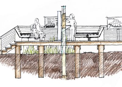 A conceptual drawing of people standing on a dock overlooking a marshland.