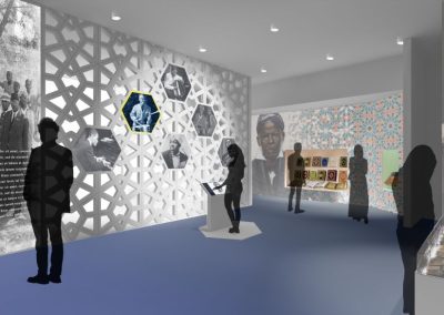 A conceptual drawing of silhouettes of people in a museum gallery as they look at large graphics on a wall and interact with touch screens.