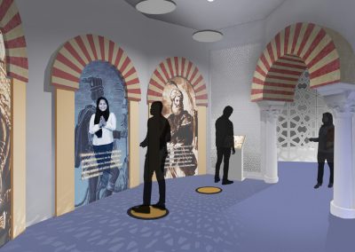 A conceptual drawing of silhouettes of people in a museum gallery that shows larger-than-life banners of people’s faces along with their stories.