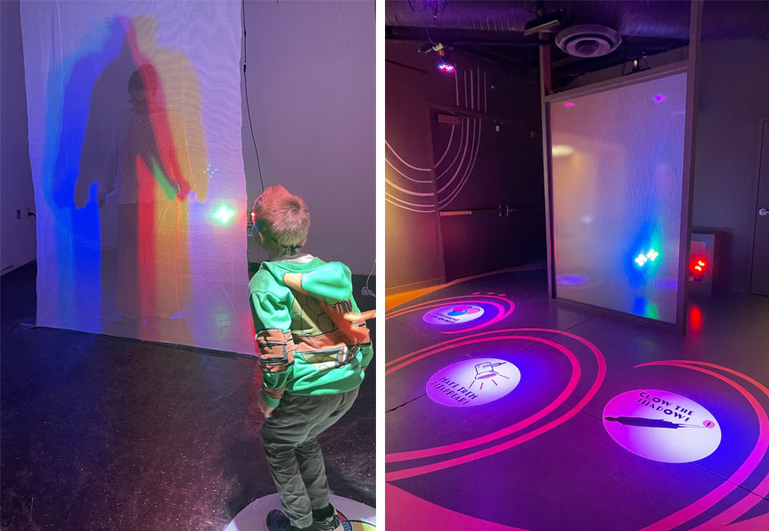 Left: A boy gets ready to jump as he activates a shadow screen during a prototype testing session. Right: A dimly lit space in a museum has circles on the floor that instruct visitors to activate certain theatrical lighting effects. 