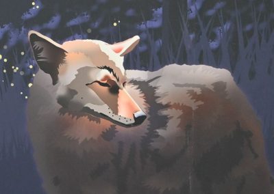 A graphic of a coyote at night.