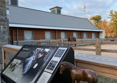Outdoor signs next to a horse paddock with a small sculpture of a horse.
