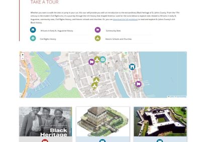 A screenshot of webpage that has a map of northern Florida and individual historic sites like a 17th century fort.